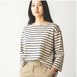 Free Assembly Striped Top Women L Beige Navy Good Cotton Boat Neck Drop Shoulder